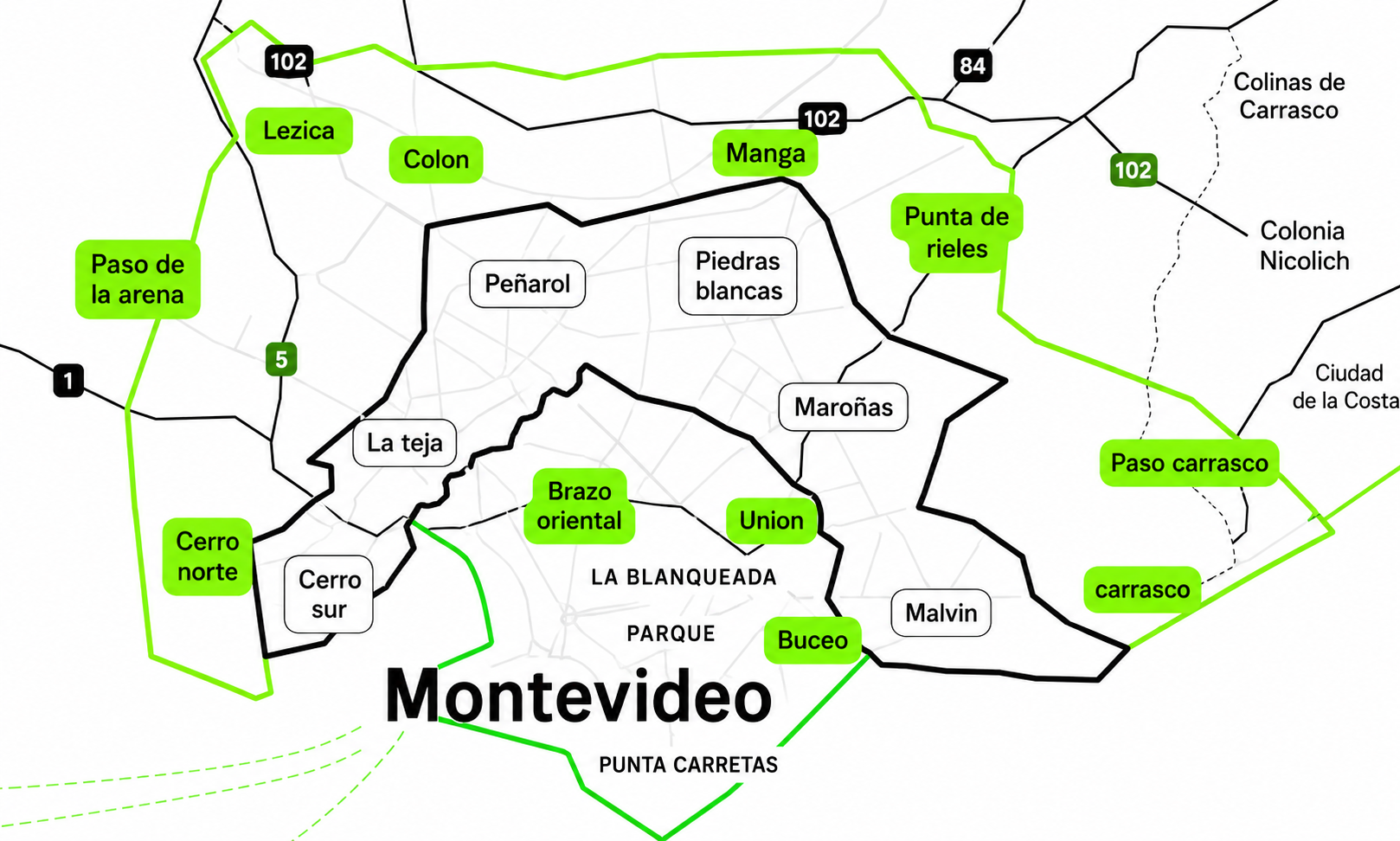 Mapa de zonas de envío en Montevideo